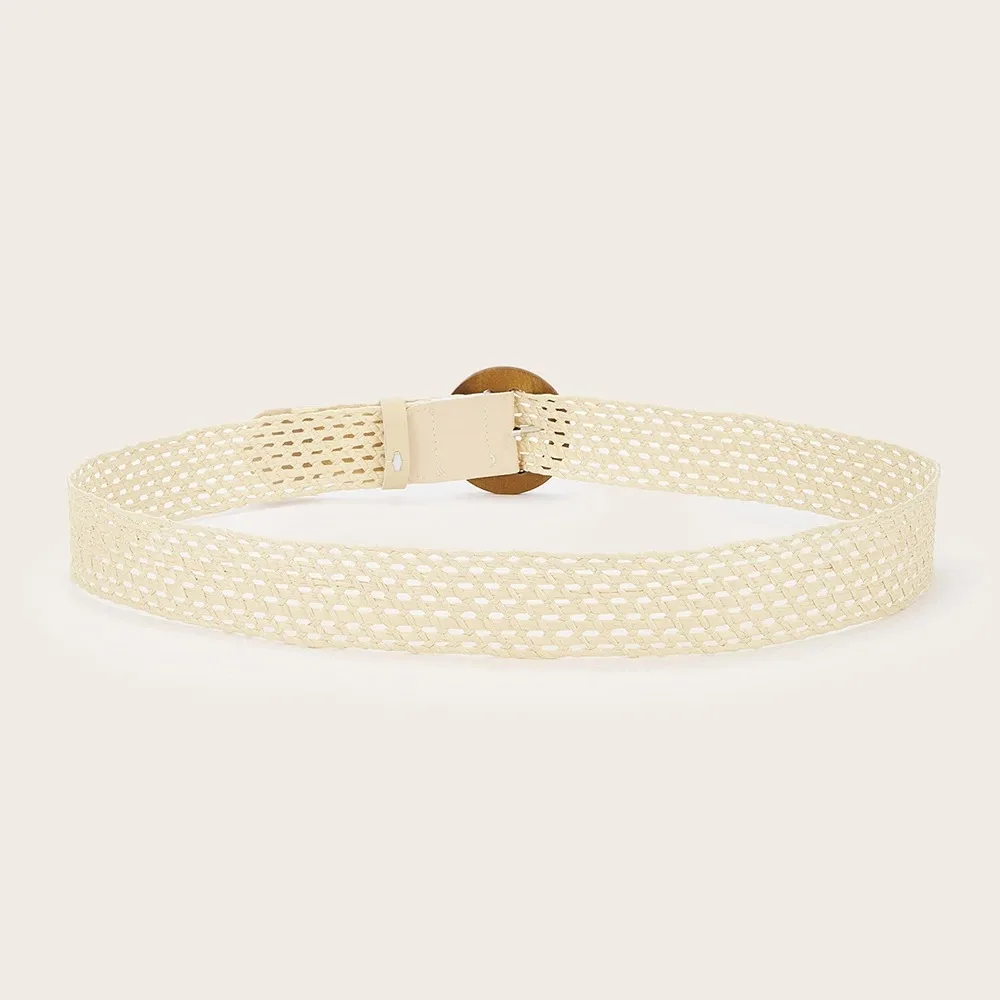 Boho Straw Waist Belt Wide Hollow Out Woven Waistband Round Buckle Handmade Braided Belt for Holiday