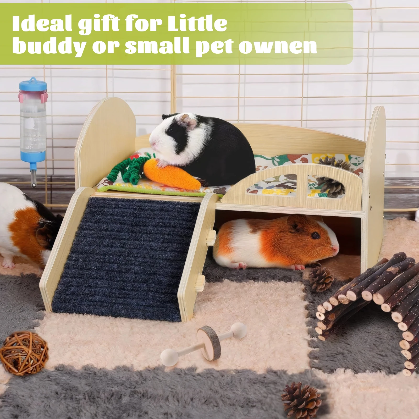 

Guinea Pig Bed with Stable Stairs & Mat Guinea Hideout Platform Wear Resist Wood Pet Toy Bed for Hamsters Bunny Chinchillas