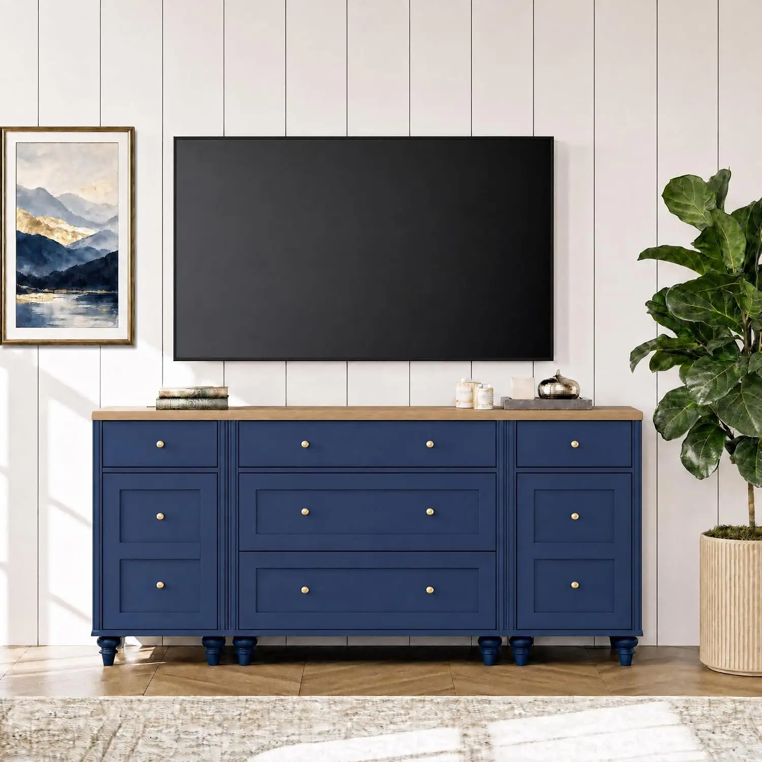 Navy Blue TV Stand with Charging Station for Living Room, Customized