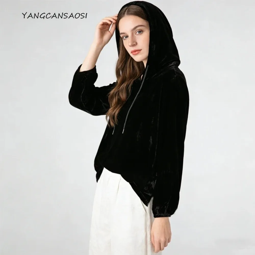 

Бархатный топ из натурального шелка шелковицы 30%, женская однотонная универсальная повседневная толстовка с длинными рукавами, весенняя модная одежда 2026 г.