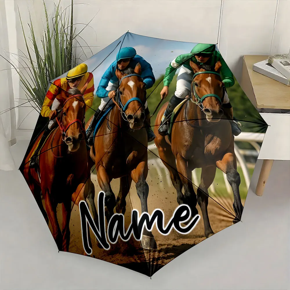 Custom Name Horse Racing Design Umbrella for Sports Enthusiasts Print 8 Iron Ribs Folding Umbrella, Auto-Open Fashion Sunshade