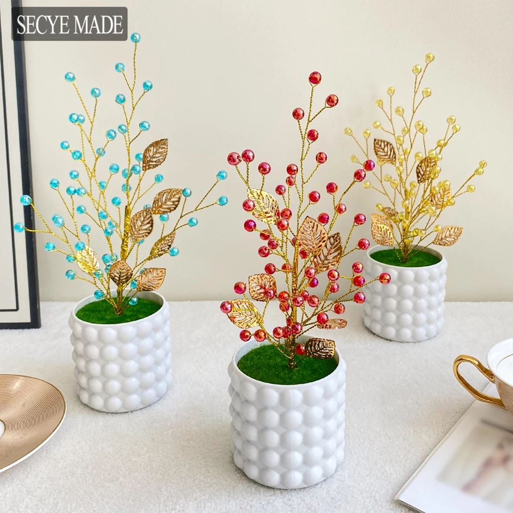 

Artificial Christmas Small Fruits Branch Potted Fake Holly berries Alloy Leaves Bonsia Wedding New Year Office Home Ornament L48