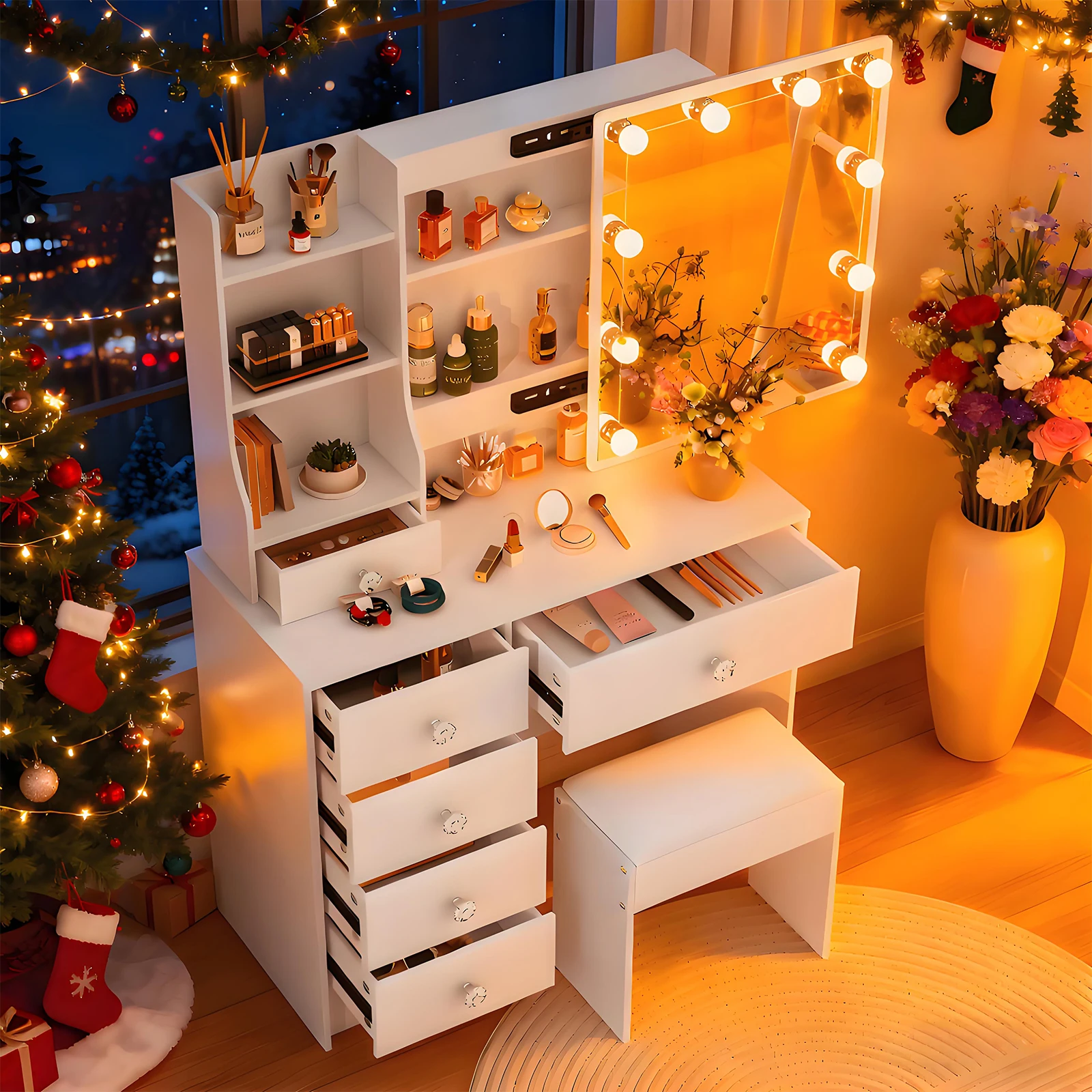 White Makeup Vanity Table Set with Hollywood LED Bulb Mirror, Crystal Knobs, Multi Drawers & Open Storage Shelves, Dressing Table with Padded Stool for Bedroom Cosmetic Station