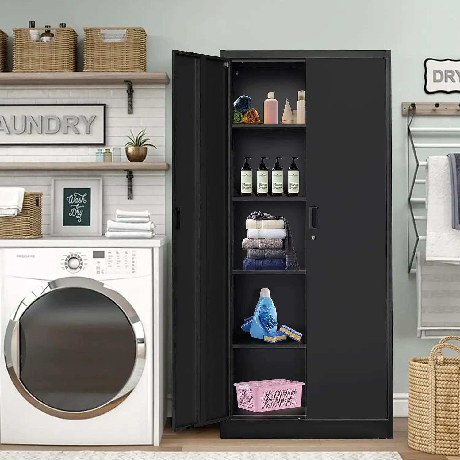 Garage Storage Cabinet with 2 Lockable Doors, 5 Adjustable Shelves Metal Storage Cabinet, Kitchen Pantry Storage Cabinet, Black image 4