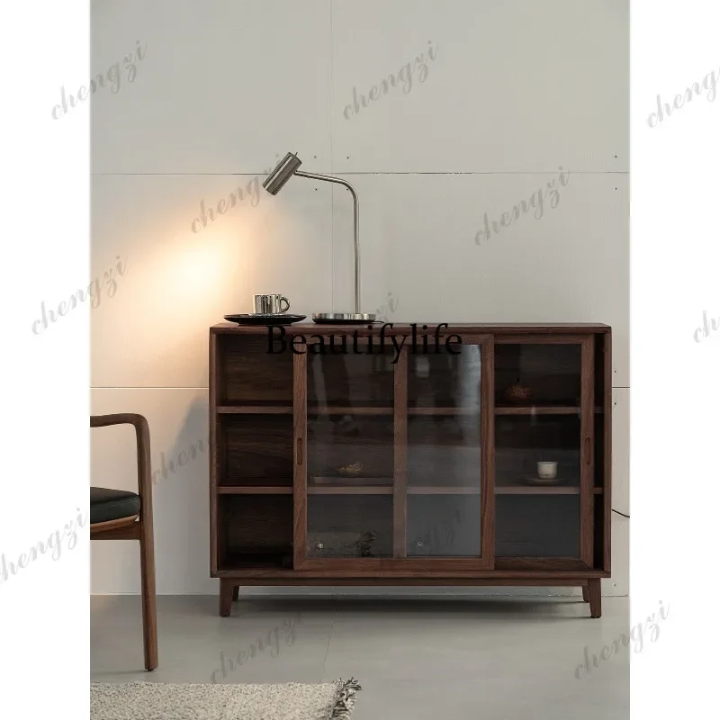 02A Straight edge short cabinet dining side cabinet living room large capacity storage display cabinet pure wood black