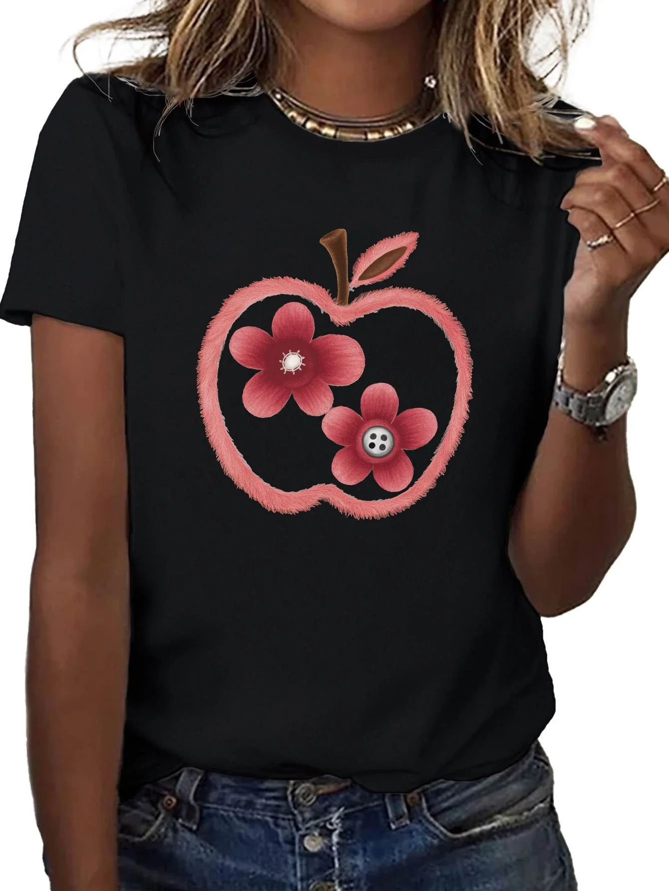 Camiseta informal suave para mujer con estampado Floral de manzana, Top cómodo de manga corta con cuello redondo, camisetas para mujer, ropa diaria