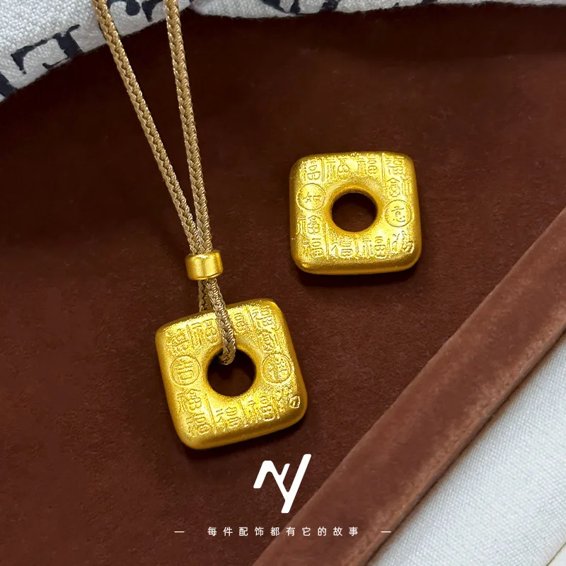 9999 Gold Ancient Charm Pendant - Auspicious and Lively Good Fortune, Hundred our Directions Peaceful Charm, Stringed Necklace