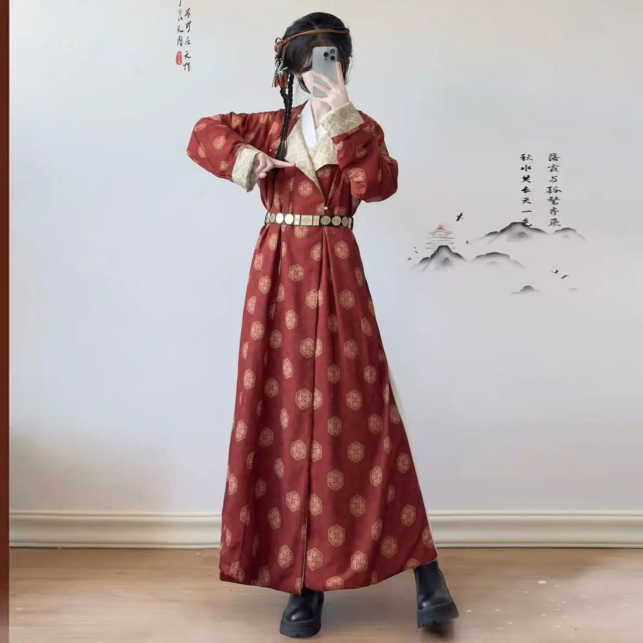 Tang Dynasty Hanfu Men Women Traditional Chinese Round Neck Robe Thicken Velvet Printing Stage Clothing Carnival Event COS Suit