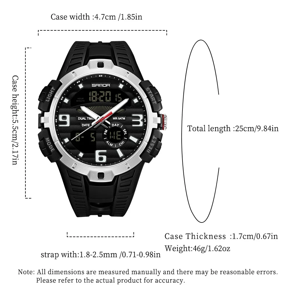 SANDA Men's Dual‑Time Quartz Digital Wristwatch LED Luminous with Week & Date Display Sport Military Style Daily Watch for Men