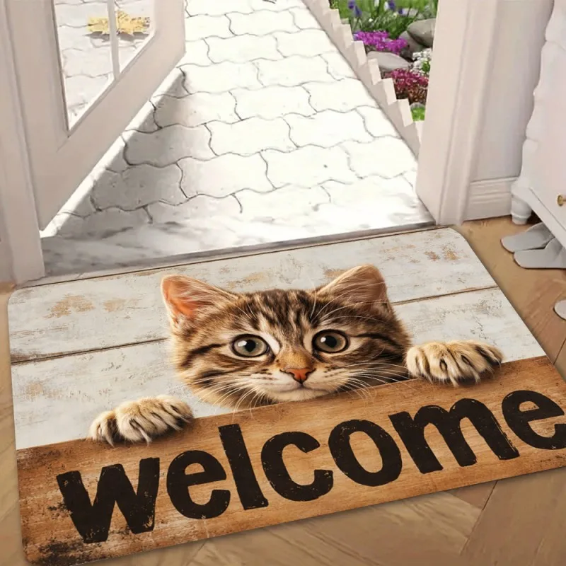 Paillasson de bienvenue chat mignon motif chaton et bois antidérapant intérieur/extérieur, tapis d'entrée amusant pour amoureux des animaux, décoration de maison, cadeau tendance 2026