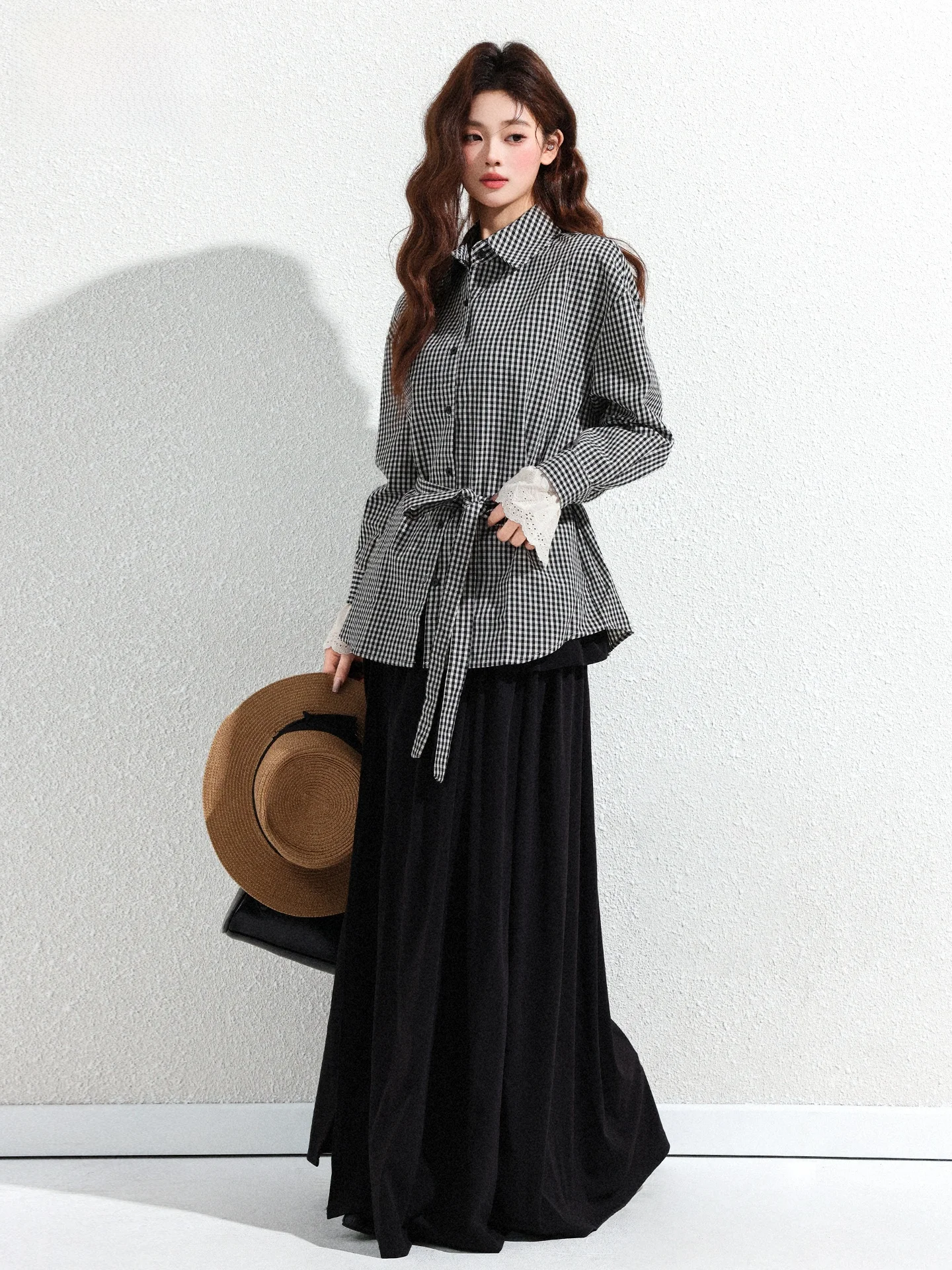 

Korean Style Loose Fit Long Sleeve Shirt Women's Plaid Pattern Button up Lace Cuff Summer Fashion Casual Shirt