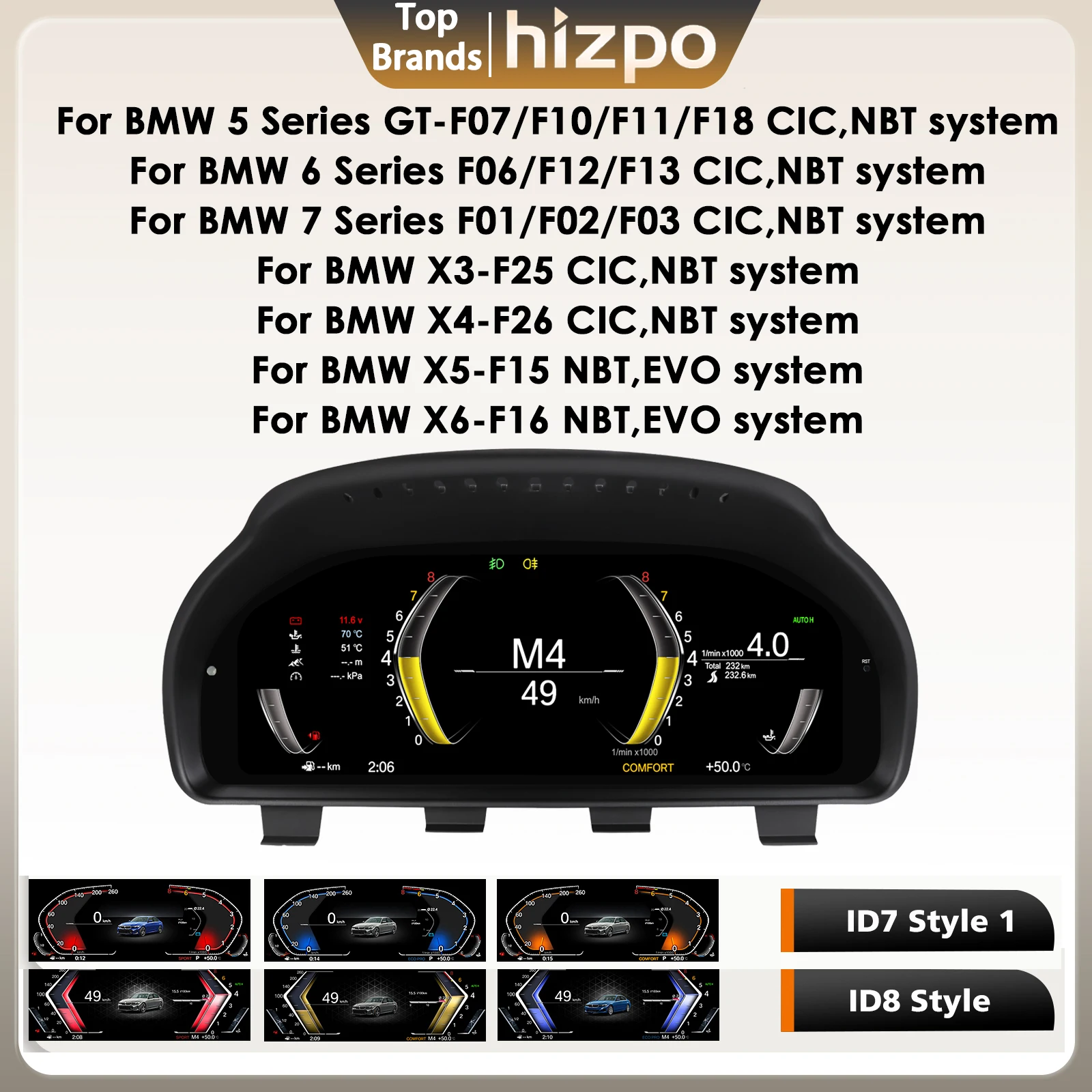 Hizpo Digitales Armaturenbrett für BMW 5er GT-F07/F10/F11/F18, für BMW 6er F06/F12/F13, für BMW 7er F01/F02/F03, für BMW X3-F25, für BMW X4-F26, für BMW X5-F15, für BMW X6-F16 Digitales