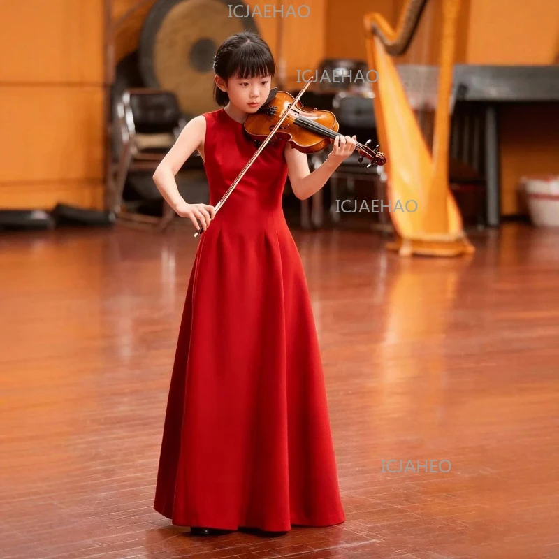 Kids Girls Red Sleeveless Evening Dress Children Birthday Violin Pageant Gown Costume Model Runway Piano Slim Host Performance