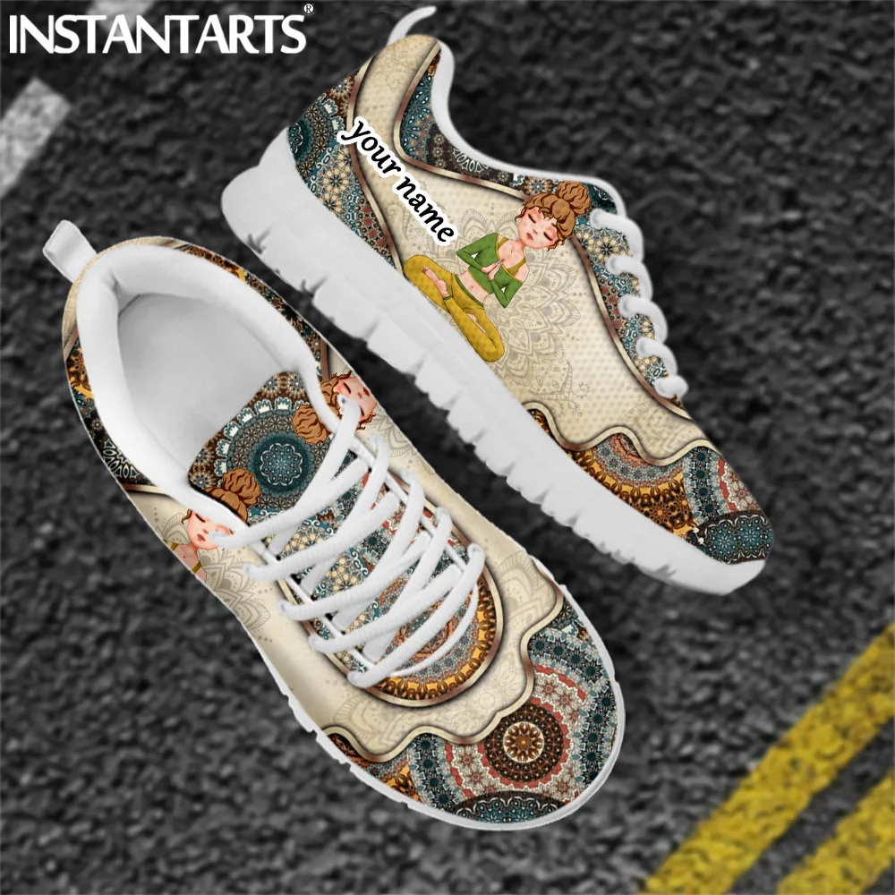 INSTANTARTS Mandala Boho Style Yoga Girl Design Ladies Flat Shoes Comfort Lace up Casual Sneakers for Women Autumn Soft Zapatos