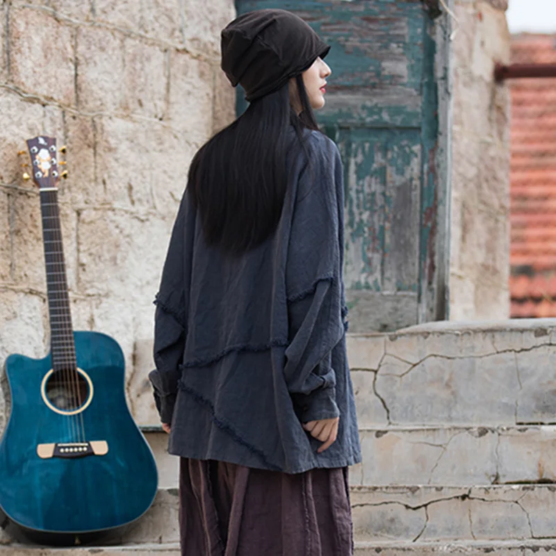 Women Loose Shirt Summer Autumn r Retro Casual Flax Tops Ladies Vintage Blouse Tops Outer Garment Woman Jacket