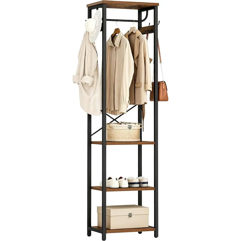 Coat Rack with Hanging Rod, Garment Rack with 3 Wooden Shelves and 4 Hooks, Freestanding Hall Tree, Industrial Clothes Rack Stan