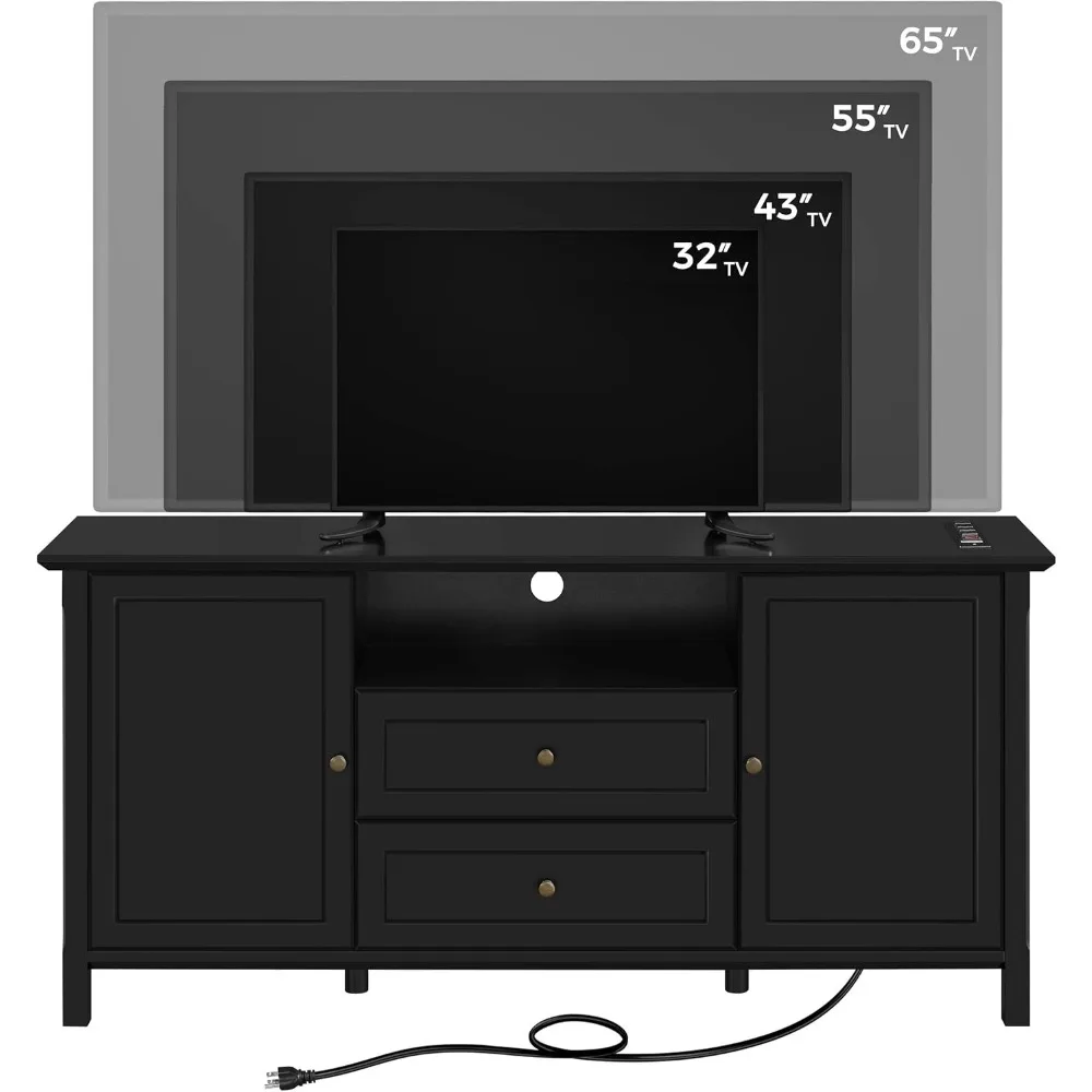 Black TV stand that can accommodate TVS up to 65 inches, TV console with power outlet and storage space