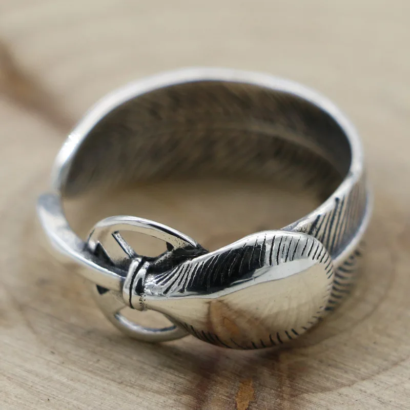 

Handmade Silver Jewelry Sterling Silver Personalized 925 Sterling Silver Feather Ring Opening Tidal Male Leaf Vintage Ring Femal