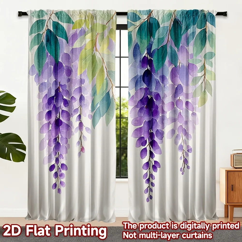 Large Floral Wisteria Curtains Purple Green Leaves Decorative Window Drapes for Living Room Bedroom House Home Decor