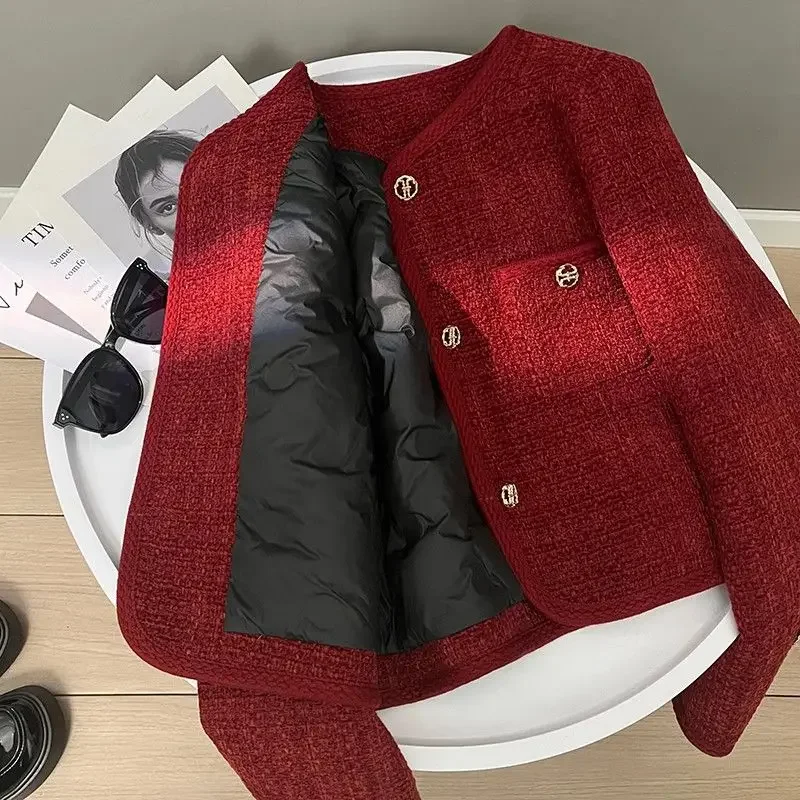 Autumn Winter Women's Tweed Jacket Single Breasted High Street Red Jackets French Casual Fashion Female Cotton Padded Coat