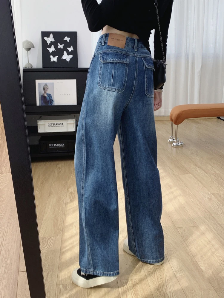 プラスサイズ アメリカンレトロ デニムジーンズ レディース 秋 ペアープレーン ルーズ ハイウエスト スリム ストレート ワイドレッグパンツ カジュアル スタイル