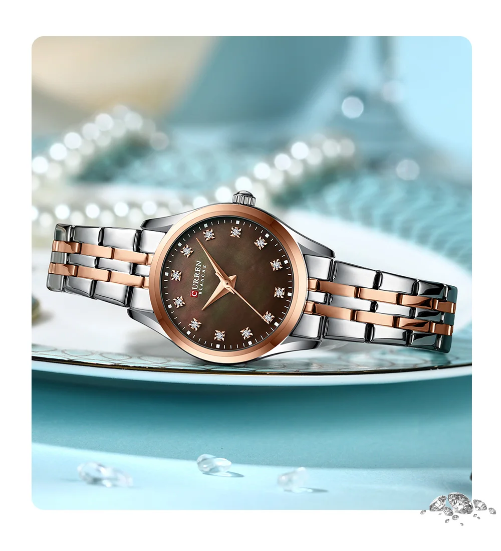CURREN Damenuhr mit zweifarbigem Edelstahlarmband, 28-mm-Zifferblatt mit Strassmarkierungen, schimmerndes Muschelzifferblatt, elegante Idee – Detail 15