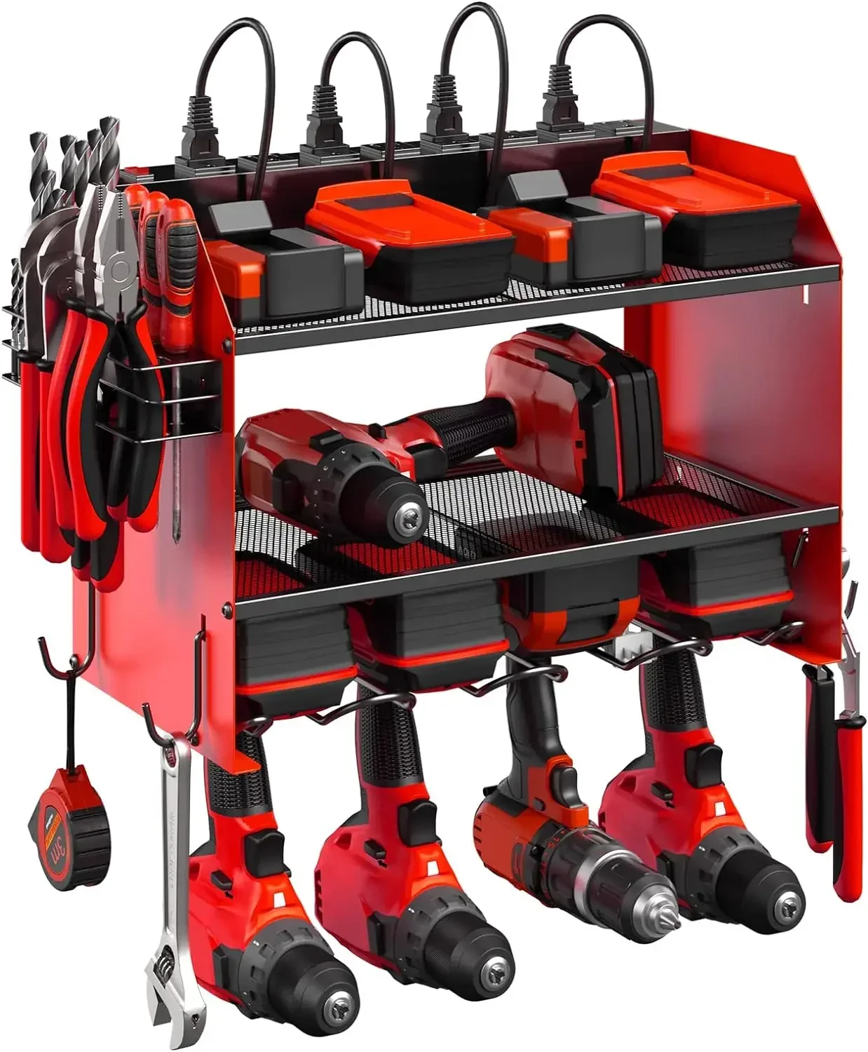 Modular Power Tool Organizer Wall Mount with Charging Station. Garage 4 Drill Storage Shelf with Hooks, Screwdriver