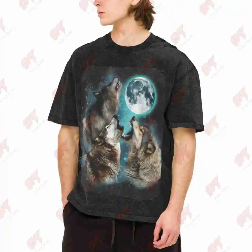 3 Wolf Moon Howling Funny Vintage Washed Tee Pure Cotton T-Shirt