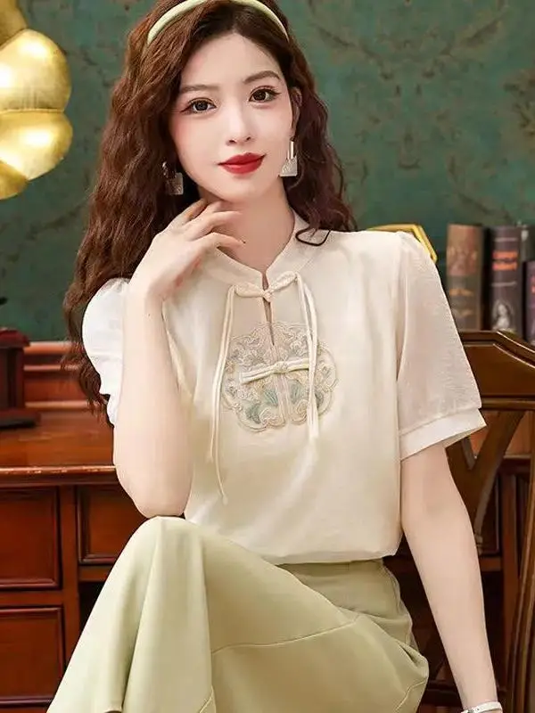 Elegant Chinese Style Short Sleeve Embroidered Chiffon Shirt Women's Summer Fashionable Stand Collar Button up Top