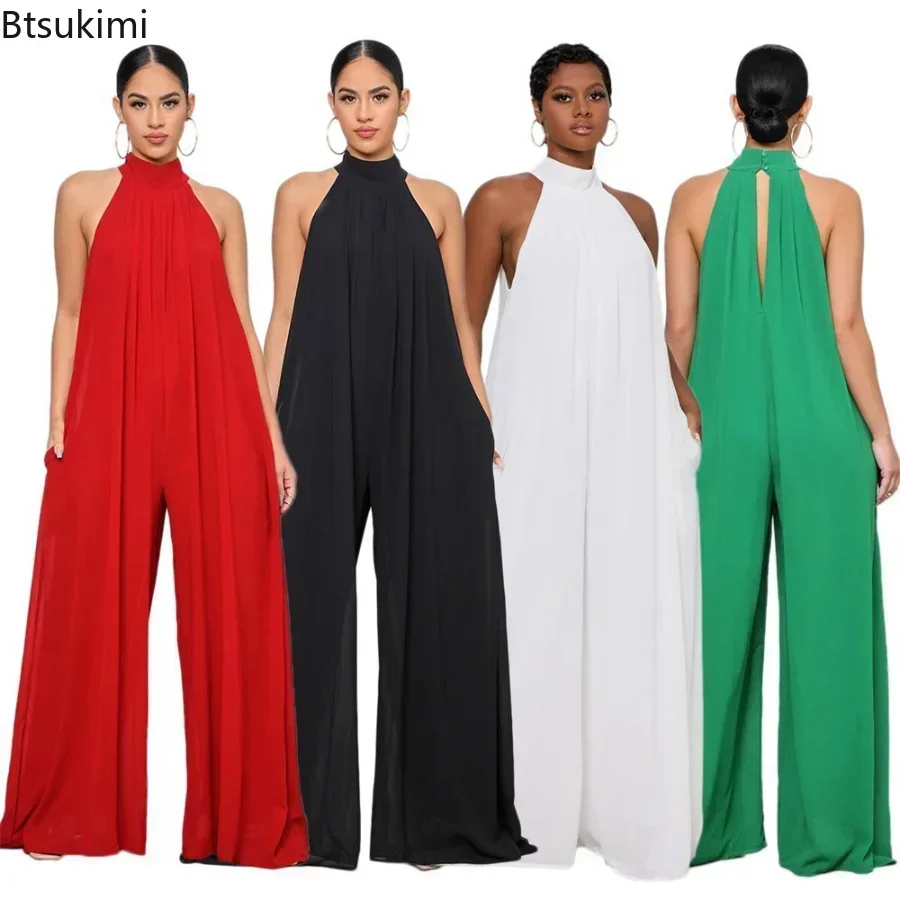 2025 Vrouwen Zomer Mouwloze Chiffon Losse Jumpsuits Mode Elegante Effen Jumpsuit Vrouwelijke Verjaardagsfeestje Club Overalls Outfits