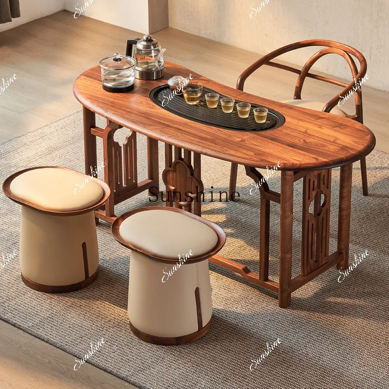 New Chinese black walnut tea table combination living room balcony rotating small tea table  FT