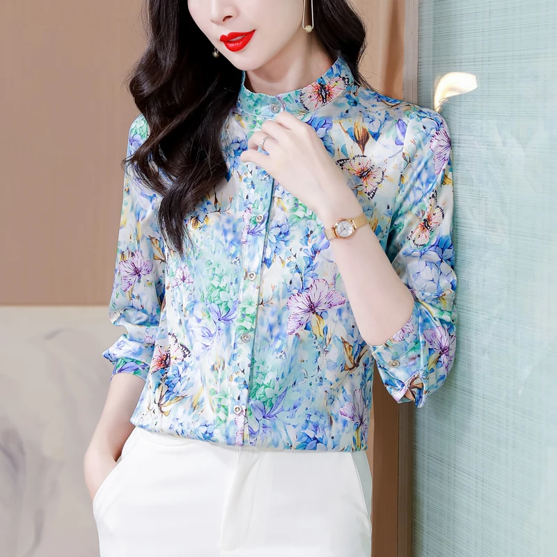 

Retro Spring Printed Standing Neck Button Women's Chinese Style Satin Single Row Multi Button Long Sleeved Loose Shirt Tops