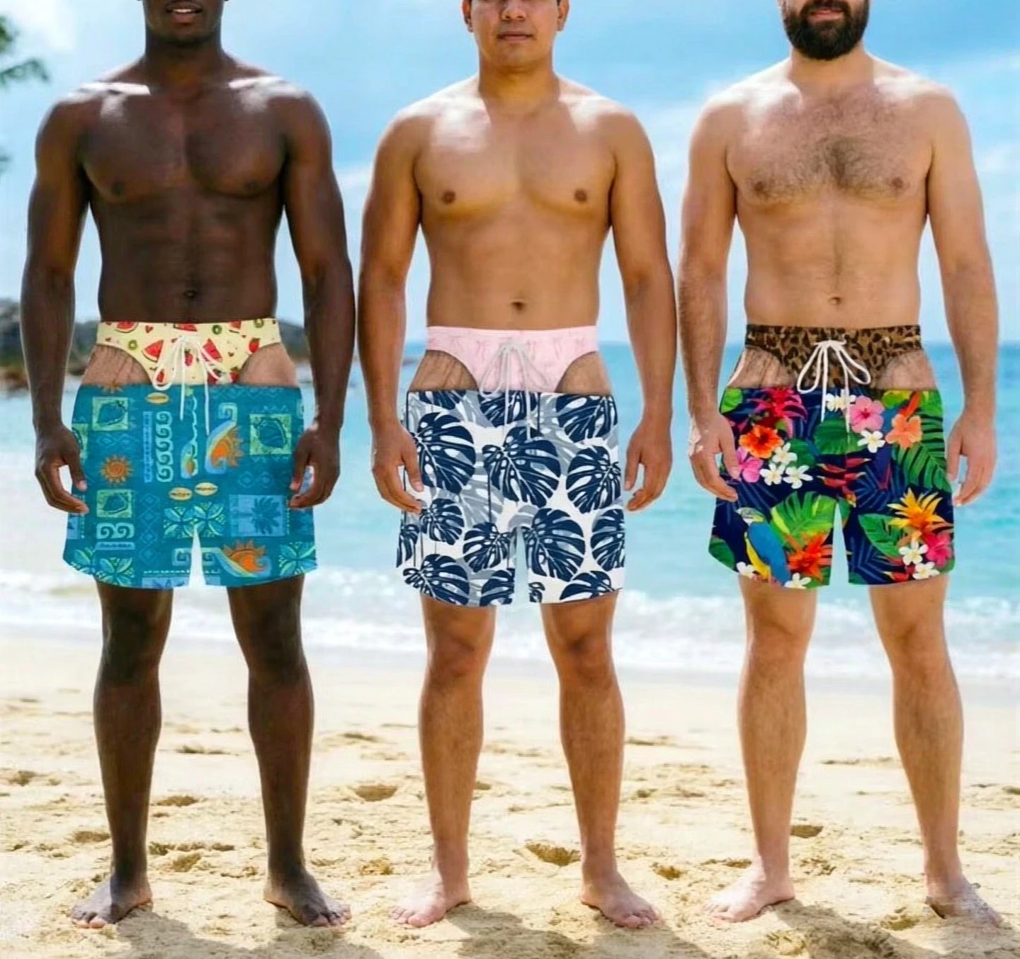 Calções de Banho Masculinos Engraçados com Estampa de Flores de Plantas Tropicais e Padrão de Nádegas Falsas, Presentes Divertidos para Festas, Moda de Verão, Calções de Praia