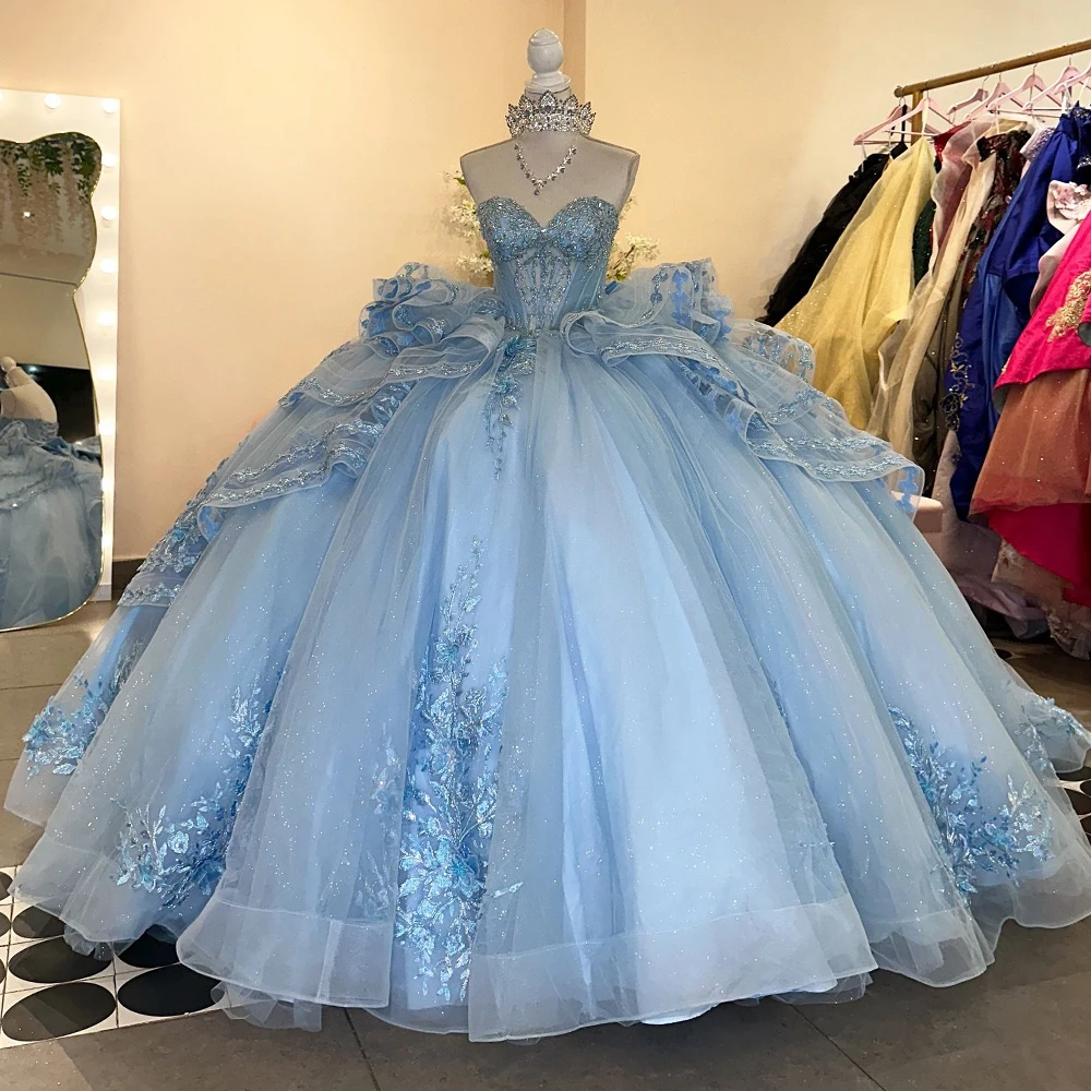 Customized Ruffles Ball Gown Quinceanera Dresses 2026 Sweetheart Lace Appliques vestidos de 15 años Blue Luxury Prom Dress