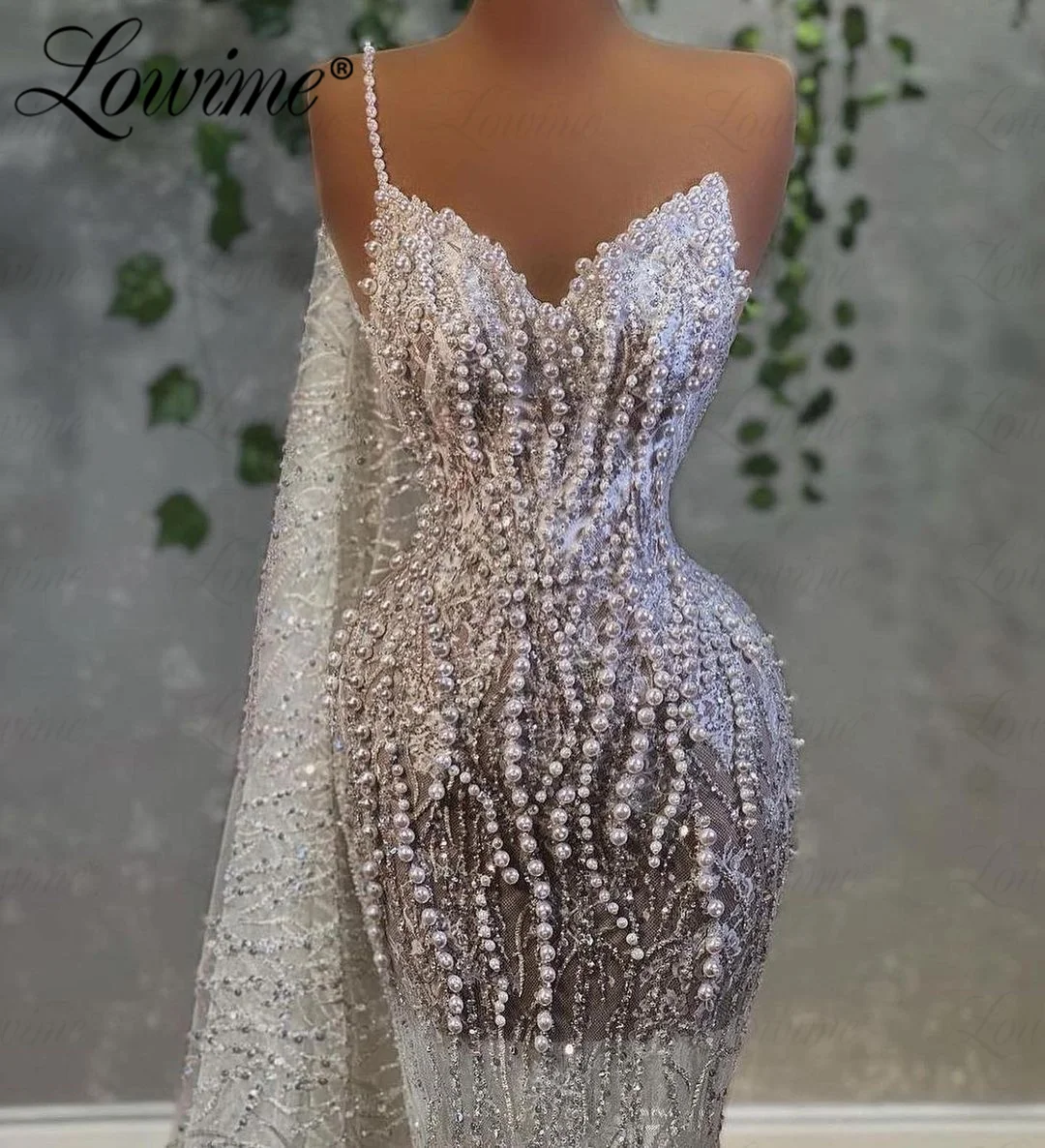 Two Designs Dubai Arabic Pearl Cape Sleeves Evening Dress Plus Size Beads Customize Mermaid Prom Dresses Long Wedding Party Gown