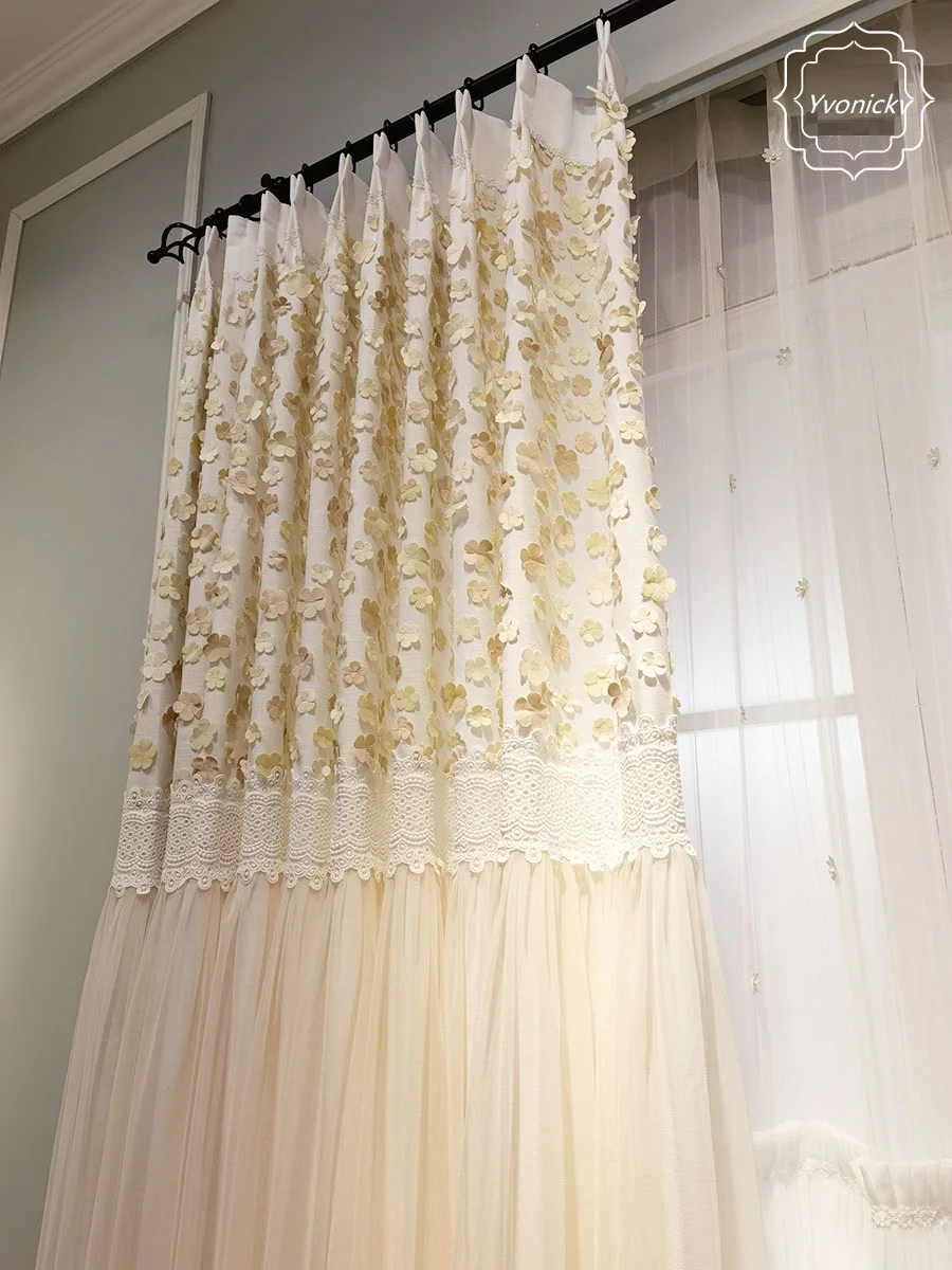 Korean Princess Blackout Curtains Pastoral Cotton Linen Skirt Cortinas for Girls' Bedroom High End Wedding Lace Curtain Drapes