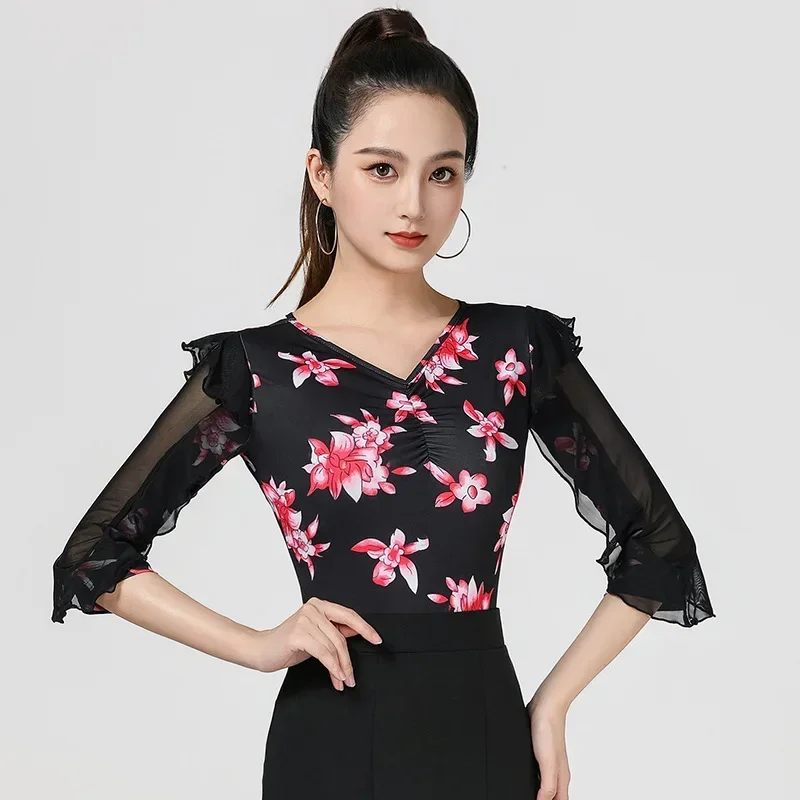 ملابس الرقص اللاتينية النسائية ذات الخط العلوي، فساتين الحفلات، ملابس التدريب في قاعة الرقص، قميص مطبوع، ملابس الرقص السامبا الحديثة #4