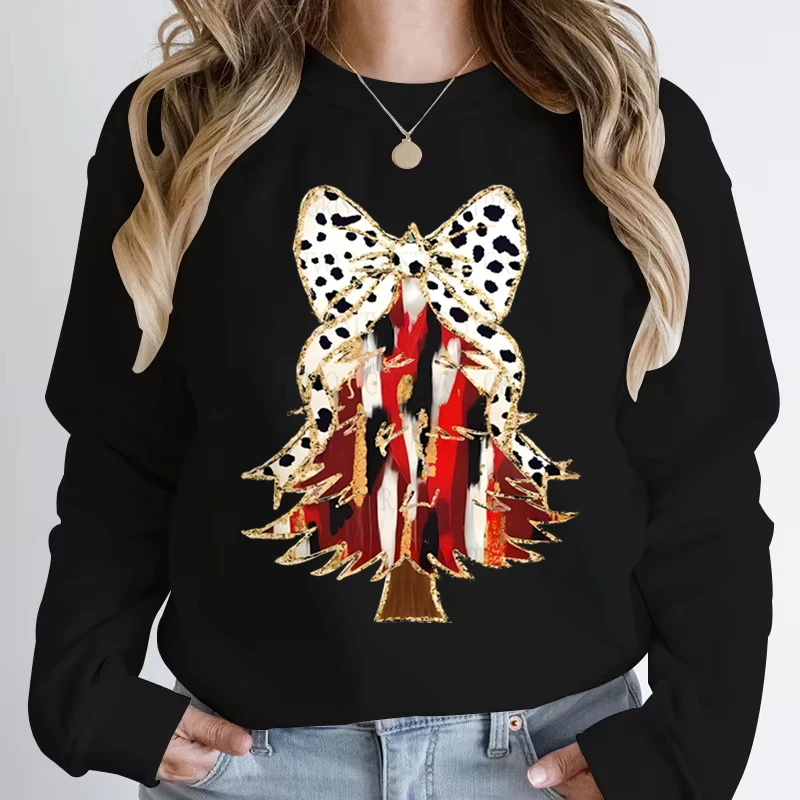 Creative Autumn Winter Women Sweatshirt Funny Leopard Print Bow Christmas Tree Sportswear Crew Neck Female Xmas Party Pullover