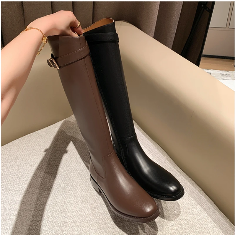 

Vintage Women Slim Knee-High Boots Fashion Belt Buckle Shoes Autumn Winter Low Heel Ladies Modern Long Booties