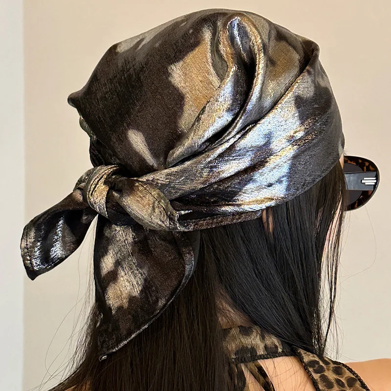 Silver Headwrap Vintage Hip Hop Style Square Scarf Women Edgy Unique Premium Satin 55cm Lightweight Comfortable Street