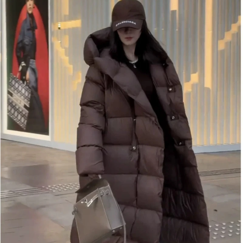 Knee Length Hooded Down Jacket for Women's Winter New Loose White Duck Down Thickened Warm Jacket 2024