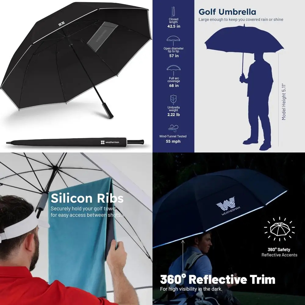 

Windproof Golf Umbrella - Sports Umbrella for 55 MPH Winds - Available in 2 Sizes and 5 Colors - Durable and Versatile
