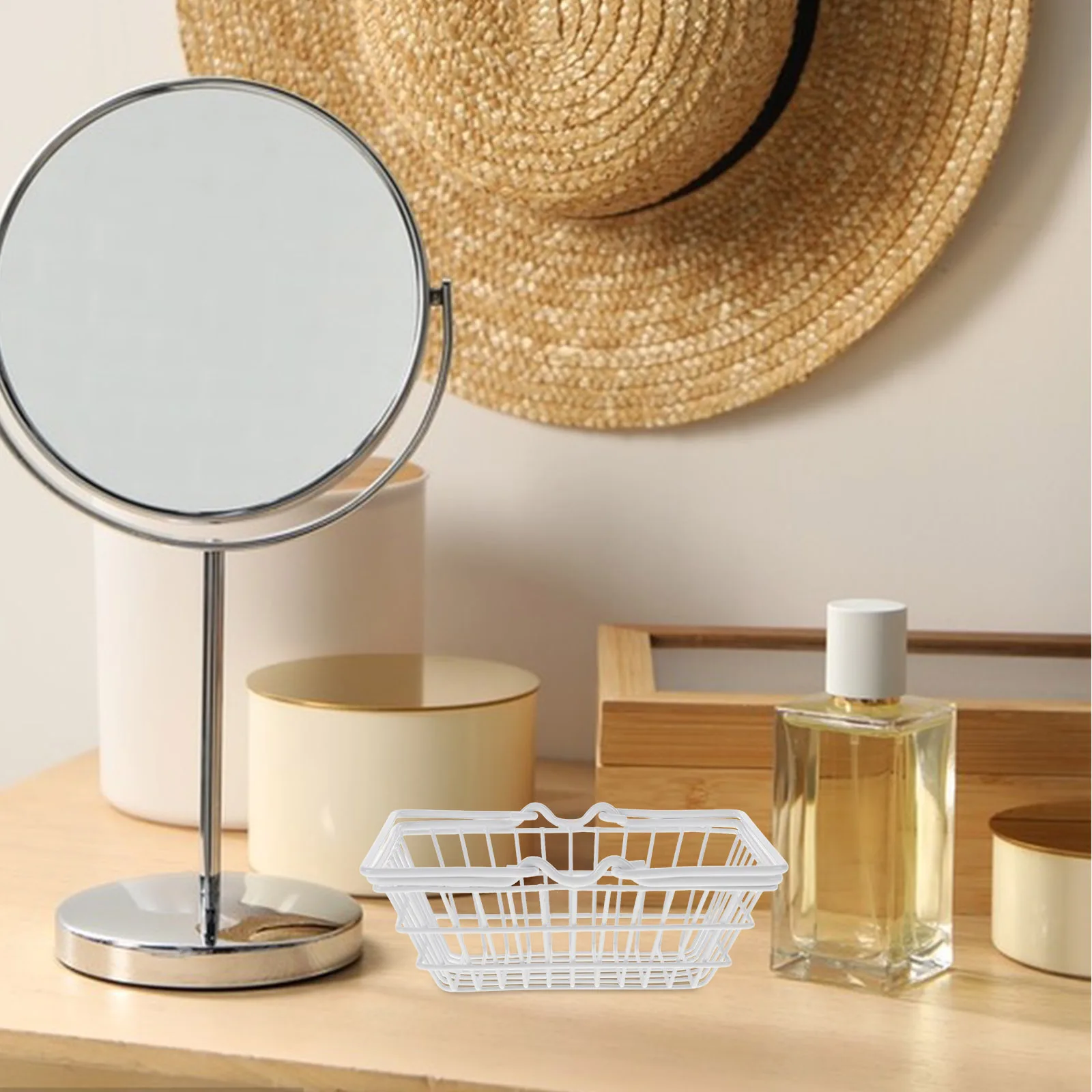 

Mini Storage Basket With Handle Compact Alloy Organizer For Desktop Home Office Decorative Small Grocery Basket Farmhouse Style