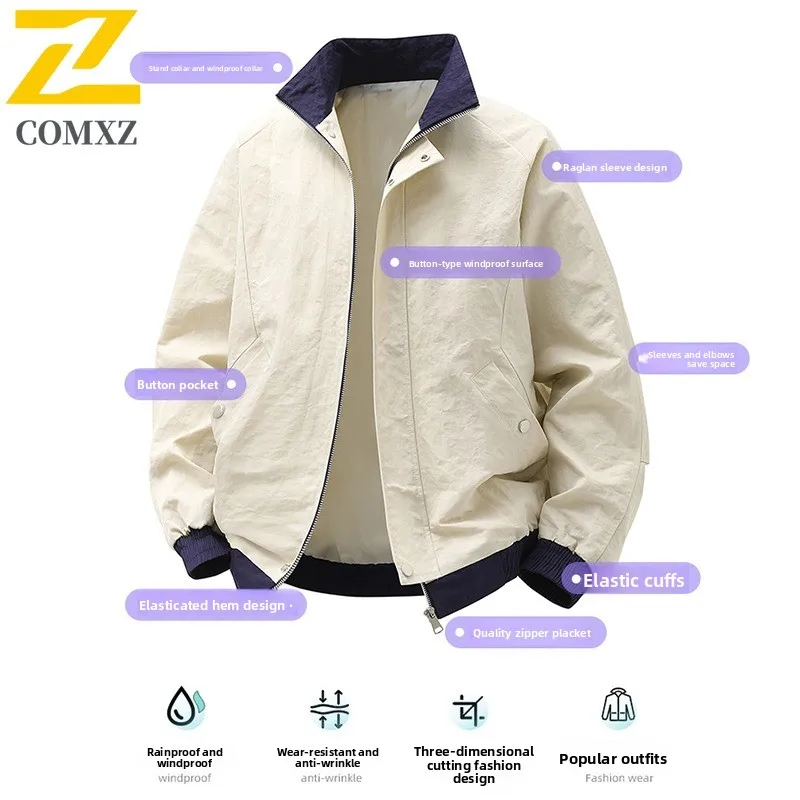

COMXZ Men Jacket 2025 New Color Block Waterproof Stand Collar Sportswear Unisex Casual Outdoor Hiking Trendy Lightweight Coat