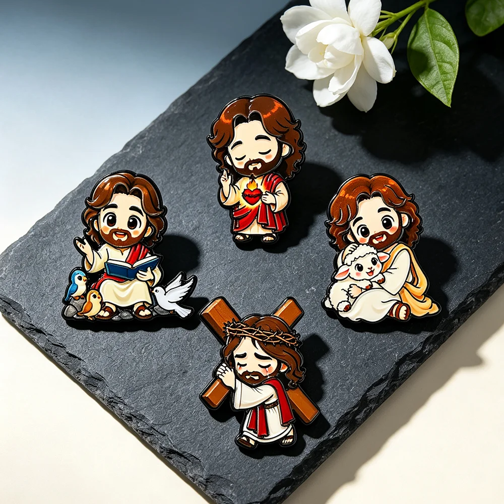 4Pcs Kawaii Jesus Enamel Brooch Set, Christian Faith Lapel Pin, Religious Jewelry Gift for Believers, Backpack Decor Badges