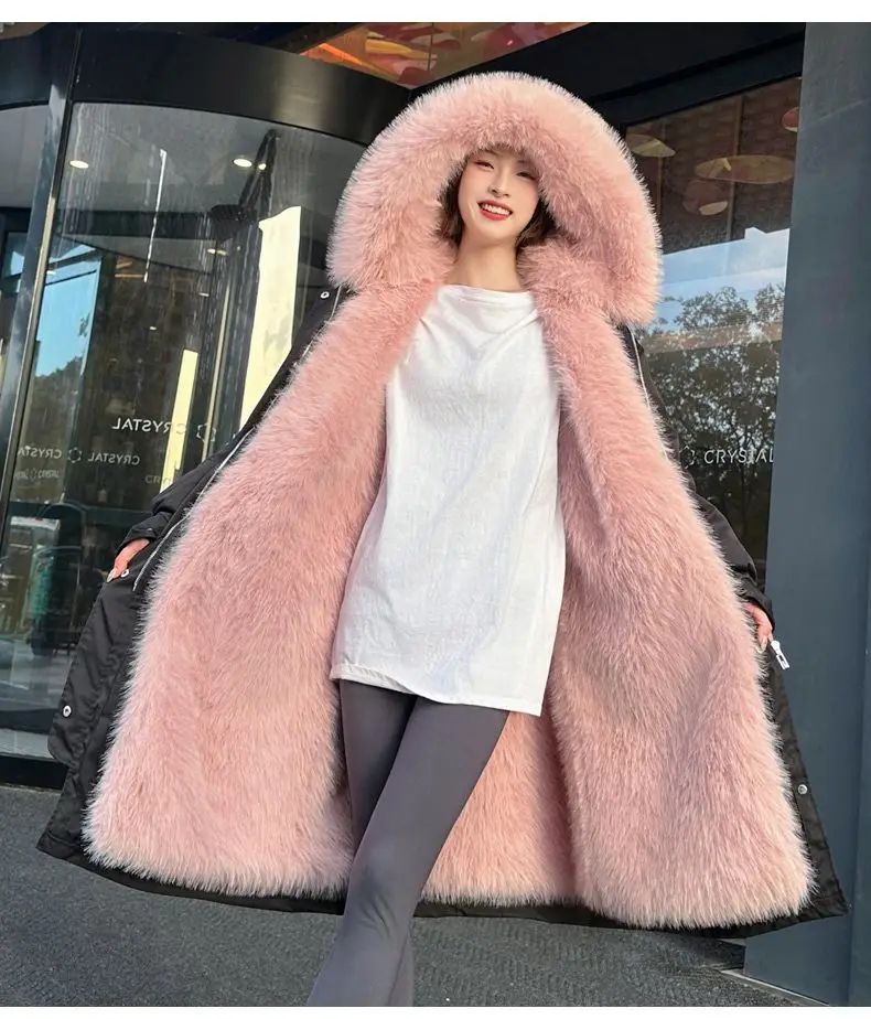 เสื้อโค้ทพาร์กาผู้หญิง ฤดูหนาว 2025 ซับในขนเฟอร์เทียมแบบถอดได้ แจ็คเก็ตยาวอุ่น