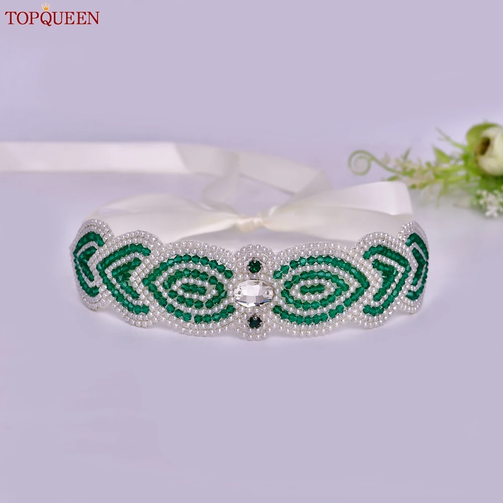 TOPQUEEN New Design Bridal Belt,White Beaded Decoration Green Crystal Wedding Sash,Festival Event Tone Dress Belt S265 view 3