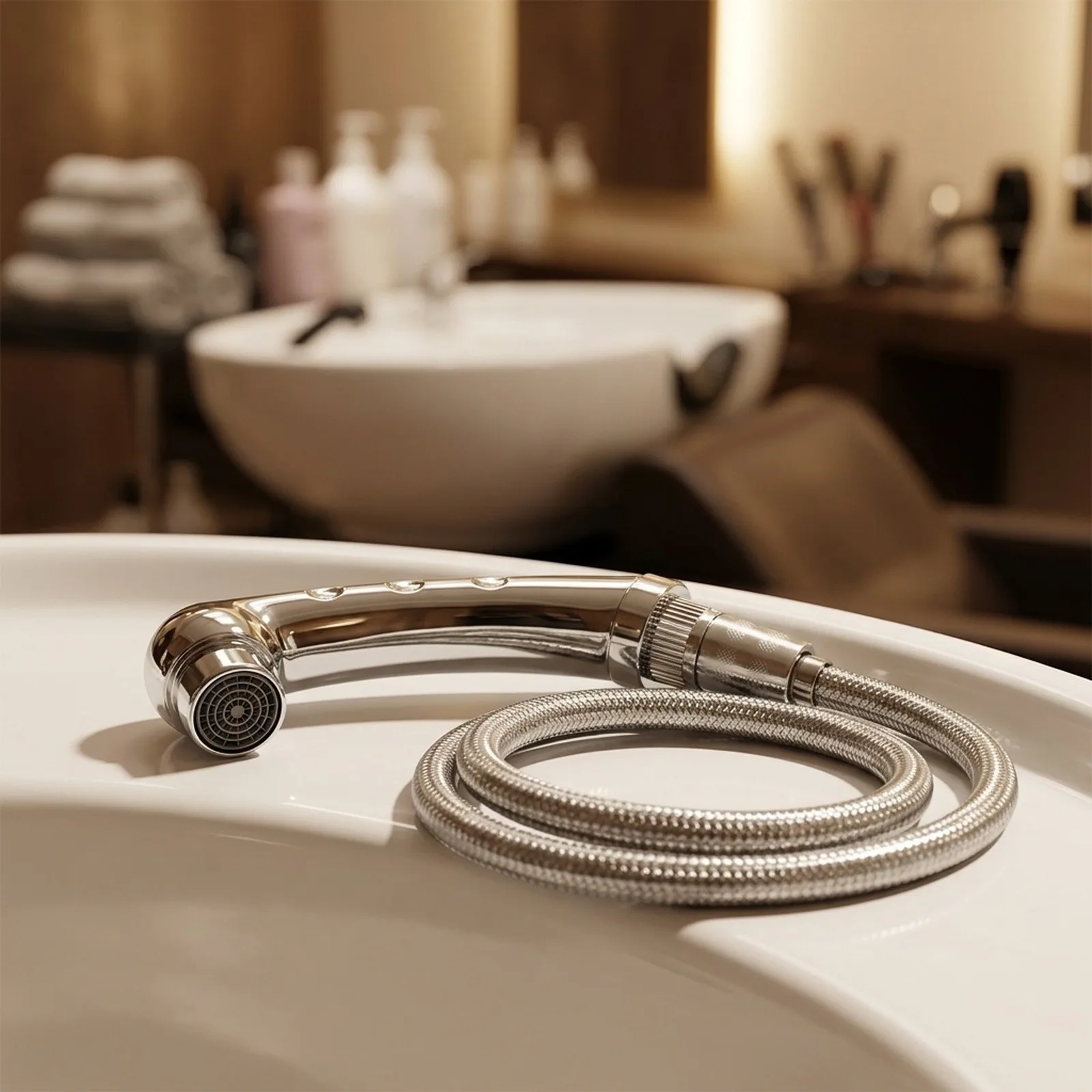 Shampoo Bed Nozzle with Hose for Hair Salons and Styling Environments Designed for Consistent Gentle Water Flow