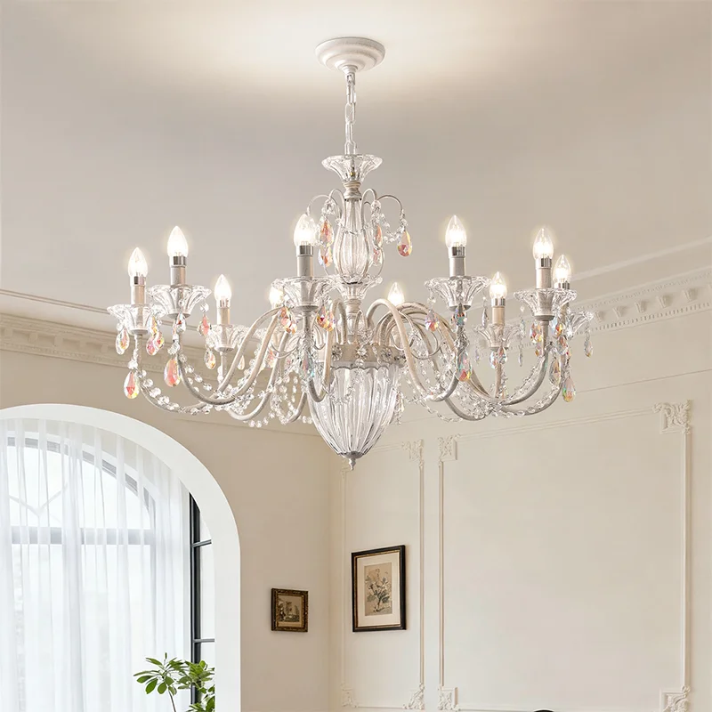 Modern White Candle E14 Led Chandelier French Romantic Crystals Pendant Lights Indoor Lighting Hanging Lamp Luminarias Home Deco