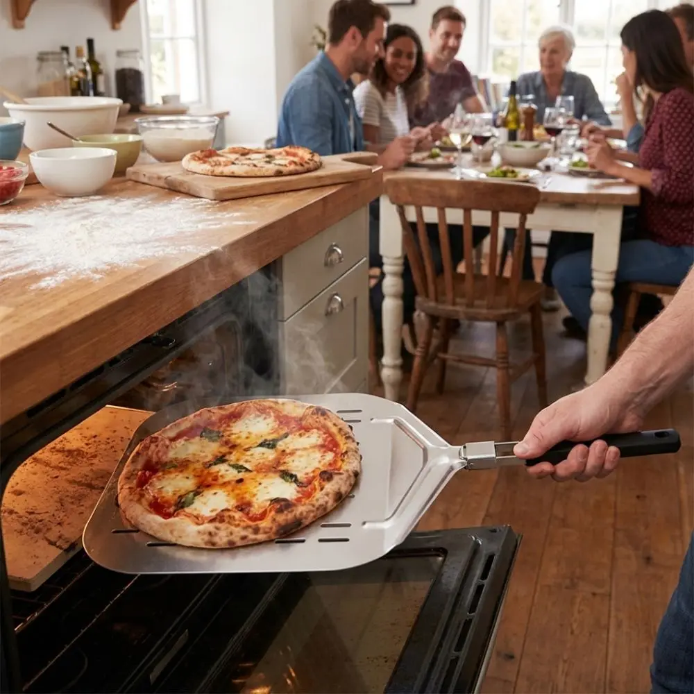 Metal Non-Stick Pizza Shovel Folding Long Handle Cake Lifter Smooth Surface Locking Feature Pizza Peel Homemade Baking
